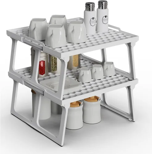 Miniatura 7 de ums Organizador de estante de plástico para armario de cocina, estante apilable de plástico blanco, estante elevador de estante, estante