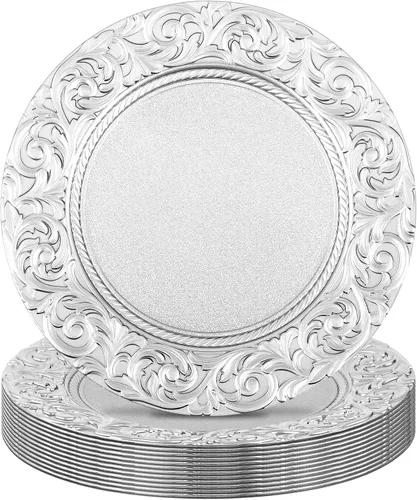 Miniatura 8 de Uiifan 24 Piezas Platos Base Antiguos a Granel 13'' Platos de Plástico en Relieve para Cena Platos Base Redondos Florales para Boda Cargadores Dorado