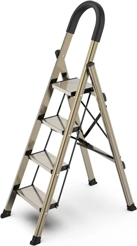 Miniatura 11 de escalera ligera de aluminio, de 6 peldaños, plegable, con peldaños anchos y antideslizante para uso en el hogar y la cocina, ahorra espacio (negro)