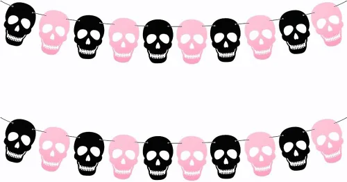SaktopDeco Paquete de 2 guirnaldas de calavera negra y rosa, guirnalda de esqueleto de fieltro, pancarta de Halloween para decoración gótica de
