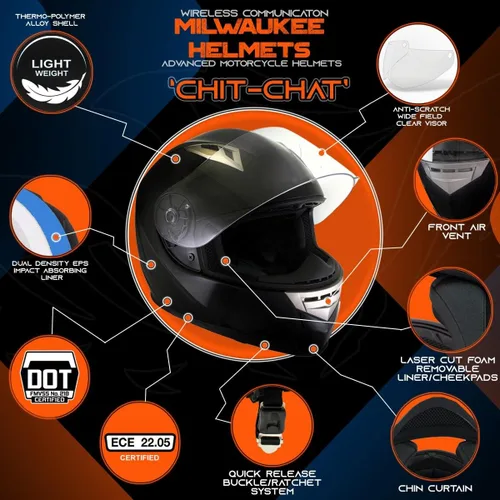Miniatura 2 de Milwaukee Helmets H510 Casco de motocicleta de cara completa 'Chit-Chat' negro brillante con intercomunicador, altavoz y micrófono integrados