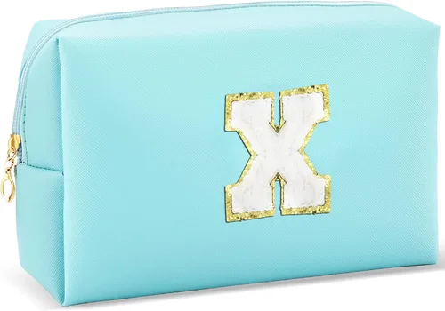 Miniatura 22 de URSKYTOUS Regalos para niñas, bolsa de maquillaje con inicial, bolsa de cosméticos personalizada con cremallera, bonita bolsa de aseo de viaje, Azul
