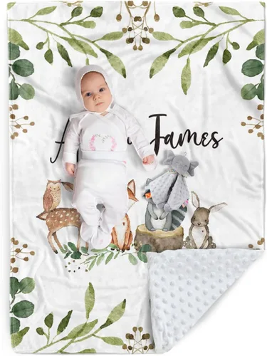 Miniatura 9 de Manta de bebé personalizada, nombre personalizado con diseño de animales del bosque, manta de felpa suave con respaldo punteado de doble capa