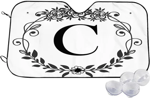 Miniatura 14 de Parasol para parabrisas de automóvil con inicial floral, ajuste universal, letra F, mantiene tu vehículo fresco. Reflector de calor y sol UV, negro