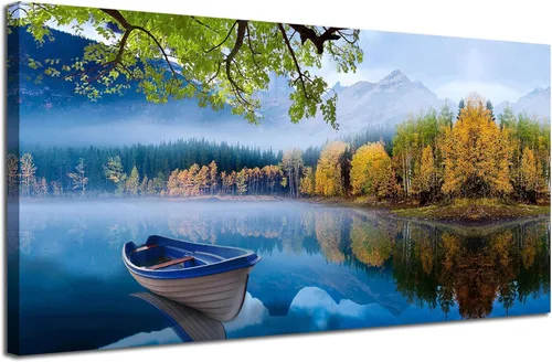 Miniatura 20 de Arjun Lienzo artístico para pared de árbol de la vida para sala de estar, pintura de árbol azul y verde azulado, 50% pintada a mano, imagen
