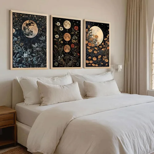 Miniatura 6 de 3 piezas enmarcadas de plantas de fase lunar en lienzo, arte de pared retro con diseño de flores de luna, impresión de póster con imagen celestial