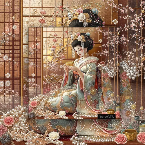 Miniatura 9 de PICKFORU Elegantes rompecabezas de geisha para adultos de 1000 piezas, rompecabezas retro con kimono de flor de cerezo, rompecabezas de arte japonés