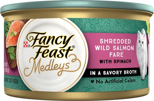 Miniatura 2 de Purina Fancy Feast - Alimento húmedo para gatos, Medleys - Comida de salmón salvaje rallado con espinacas en un sabroso caldo de comida para gatos