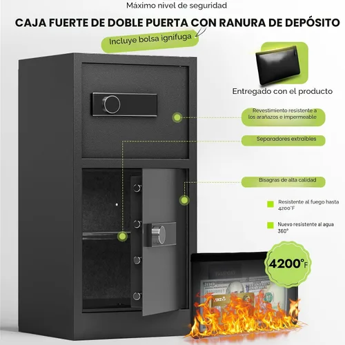 Miniatura 5 de Caja de seguridad de doble puerta de 8.6 pies cúbicos resistente con bolsa ignífuga impermeable oculta, estantes removibles, silenciosa, caja