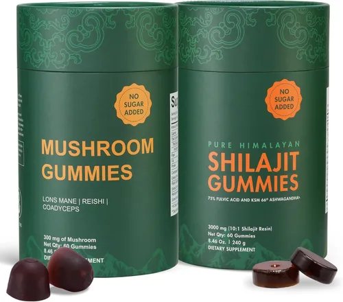 Paquete de suplemento de gomitas shilajit y hongos del Himalaya: 3000 mg de shilajit, melena de leones Reishi, Cordyceps, sin azúcar añadida,