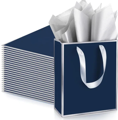 Miniatura 10 de Yeaqee Paquete de 24 bolsas de regalo de papel metálico con asa y papel de seda de 9 x 7 x 3.1 pulgadas, bolsas de favor de bienvenida con papel