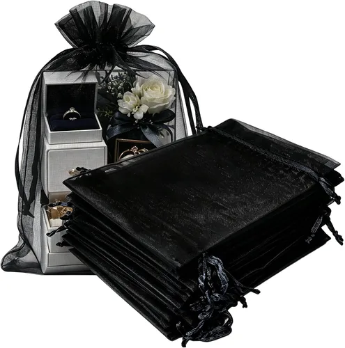 Miniatura 42 de Paquetes de 50 bolsas de organza de regalo de 4 x 6 pulgadas, cordón negro a granel para baby shower, Navidad, cumpleaños de profesores, recuerdos