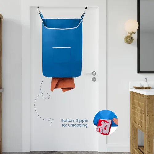 Miniatura 5 de The Fine Living Co. Cesta de lavandería colgante extragrande con ganchos para la puerta y adhesivo, bolsa de lavandería duradera que ahorra espacio