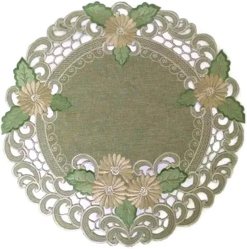 Tapete redondo o mantel individual con margarita dorada sobre arpillera verde salvia, material de lino, tamaño 24 pulgadas