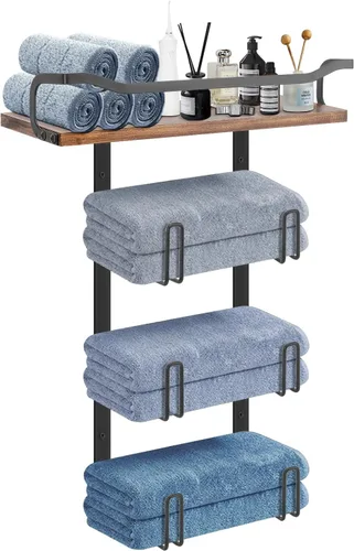NearMoon Toallero con estante de madera, soporte organizador de toallas de metal inoxidable para almacenamiento de baño, montado en la pared (1