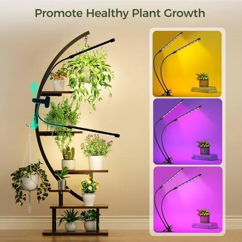 Miniatura 4 de GREENSTELL Soporte para plantas de interior con luces de crecimiento, soporte de metal alto de 7 niveles para plantas de interior, estante de Marrón