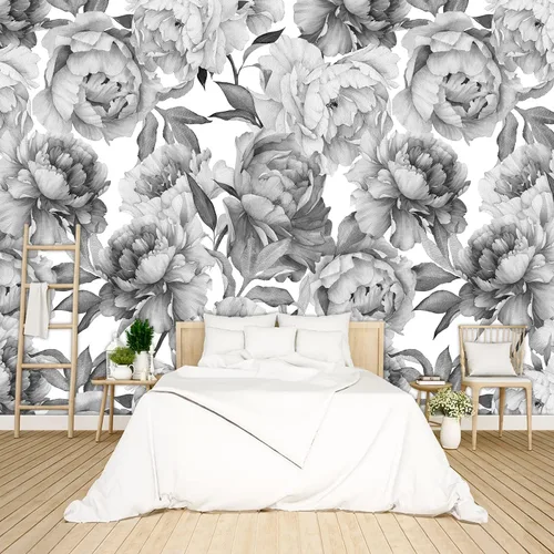 Miniatura 27 de Papel tapiz floral de peonía negra para dormitorio, flores botánicas moradas, hojas murales para sala de estar, fondo de TV, mural grande