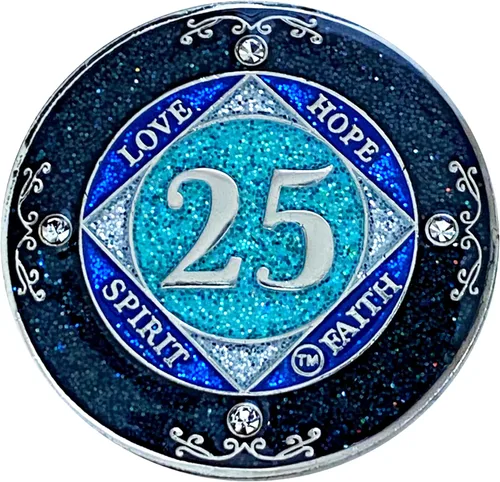 Miniatura 37 de NA 1 año de cristales y medallón de purpurina, moneda chapada en color plateado, arco iris negro, purpurina azul y cuatro cristales transparentes