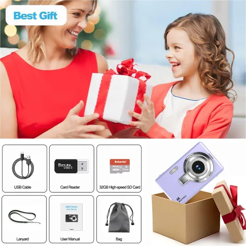 Miniatura 7 de Cámara digital, enfoque automático UHD 4K 50MP cámara de vlogging para fotografía con tarjeta SD de 32 GB, zoom 16X, antivibración, cámaras Púrpura