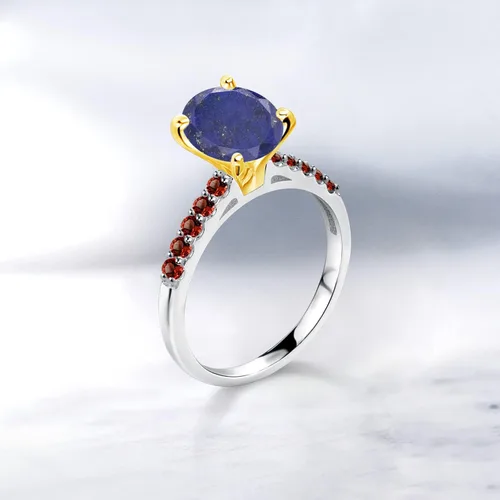 Miniatura 4 de Gem Stone King Anillo de oro blanco de 10 quilates ovalado azul lapislázuli rojo granate de 2.35 quilates con puntas de oro amarillo