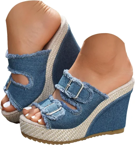 Miniatura 12 de Sandalias de cuña de mezclilla para mujer 2026 con puntera abierta, alpargatas con lazo, zapatos casuales de playa de verano para viajes, fiestas