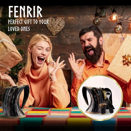 Miniatura 6 de FENRIR Taza de cuerno vikingo de 16 onzas con vaso de chupito, regalos vikingos para hombres y mujeres, abridor de botellas, jarra de cuerno de buey