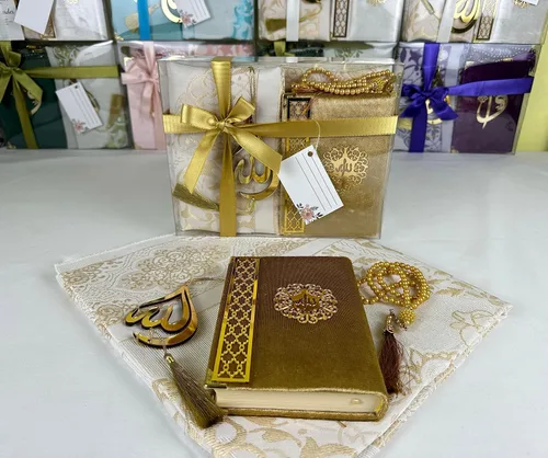 Miniatura 2 de SAIKA Juego de alfombras de oración con tarjeta de agradecimiento, alfombra de oración del Corán árabe, cuentas y colgador de automóvil, Ramadán