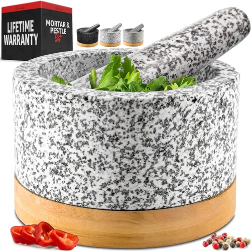 Miniatura 12 de Priority Chef Juego de mortero y mano de mortero resistente con base de bambú, molinillo de piedra de granito 100% natural, tazón y machacador