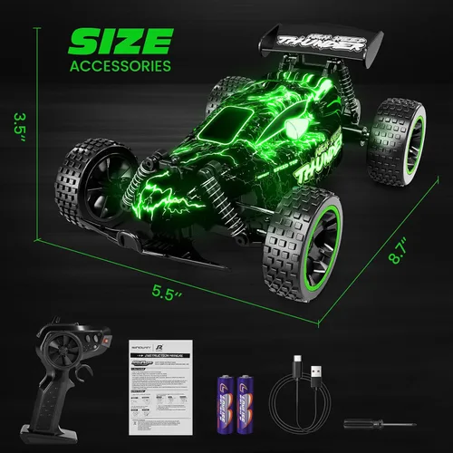 Miniatura 7 de Tecnock Coches RC para Niños, Coche RC 1:18 a Escala 2WD con Luces LED, Coche de Control Remoto de 2.4GHz con Carga Fácil USB-C y 50 Minutos de Verde