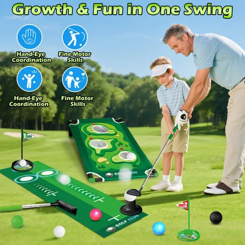 Miniatura 6 de TERRAMUS Juego de golf 3 en 1 para niños con devuelvedor automático de dinosaurio, tablero de Cornhole de golf, bolas con luz LED, alfombra de putt