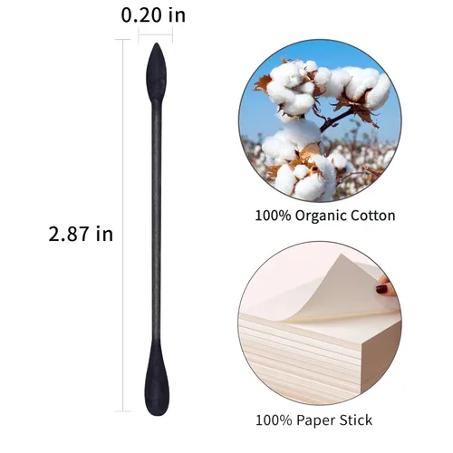 Miniatura 7 de Hisopos de algodón negro con punta de precisión, 400 unidades, brotes de algodón orgánico puntiagudo, doble cara, firmemente envueltos, punta