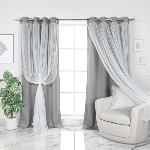 Miniatura 55 de Best Home Fashion Juego de 2 paneles de ventana de tul de encaje con aislamiento térmico y ojales de níquel de acero inoxidable para dormitorio