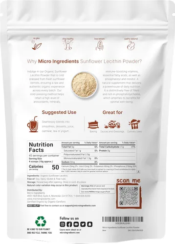 Miniatura 2 de Micro Ingredients Polvo de Lecitina de Girasol Orgánico, 1 Libra, Cultivado de Manera Sostenible, Prensado en Frío, Rico en Fosfatidilcolina