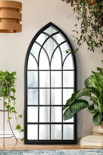 Miniatura 14 de WAMIRRO Espejo de pared de rejilla negra, espejo de ventana ancha negro, espejo de pared arqueado de granja, espejo de repisa para chimenea, Black-2