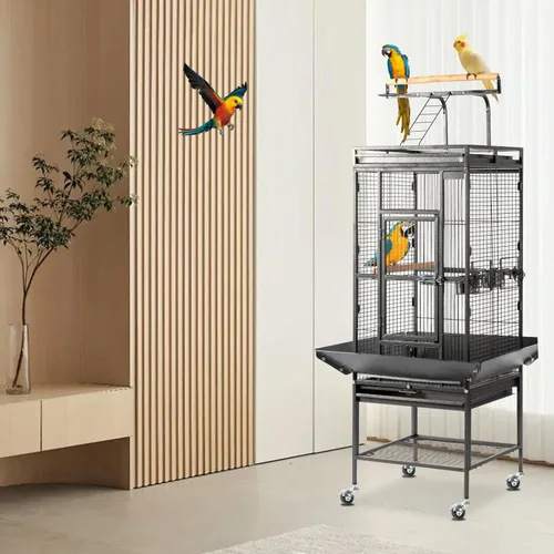 Miniatura 7 de VINGLI Jaula para pájaros con ruedas, jaulas para pájaros de 62 pulgadas con parte superior de juego, jaula de hierro forjado con soporte rodante