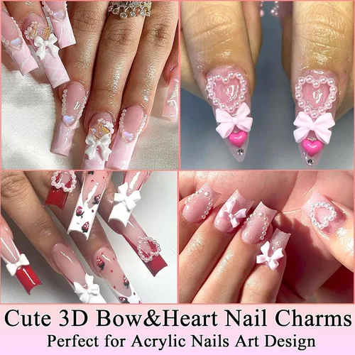 Miniatura 3 de RODAKY 1000 dijes de uñas con lazo, lazo rosa y blanco, corazón, estrella, coqueta, decoración de uñas, cuentas de perlas con parte trasera plana