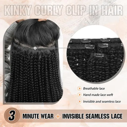 Miniatura 3 de 4 piezas de extensiones de cabello rizado afro con clip, 12 pulgadas 60g negro natural, encaje invisible sin costuras y espesor, 4B 4C clip