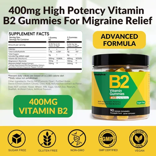 Miniatura 2 de Gomitas de vitamina B2 de riboflavina de 400 mg para adultos y niños Suplemento de migraña con magnesio, cúrcuma, pimienta de cayena, mantequilla