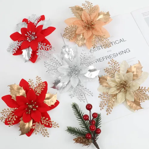Miniatura 7 de 24 piezas de flores de Pascua doradas de 6 pulgadas para decoraciones de árbol de Navidad - Flores artificiales para adornos de árbol de Navidad