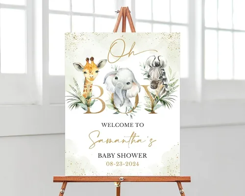 Miniatura 10 de Plantilla de letrero de bienvenida de baby shower de safari bohemio, letrero de baby shower de animales de selva editable, letrero de bienvenida