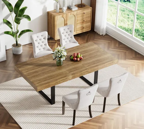 Miniatura 2 de Juego de mesa de comedor extensible de 5 piezas para 4, mesa de cocina de madera marrón de 63-78.7 pulgadas con 4 sillas acolchadas beige, juego