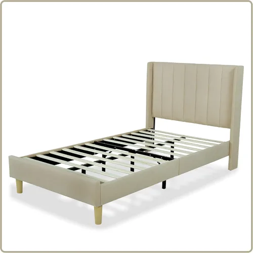 Miniatura 7 de Upholstered Bed Frame with Wingback Headboard and Wood Slats (Beige-Linen, Twin)