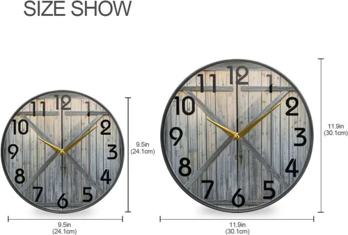 Miniatura 2 de Naanle Reloj de pared redondo retro con estampado de puerta de granero de madera 3D, reloj de escritorio silencioso de cuarzo silencioso de 9.5