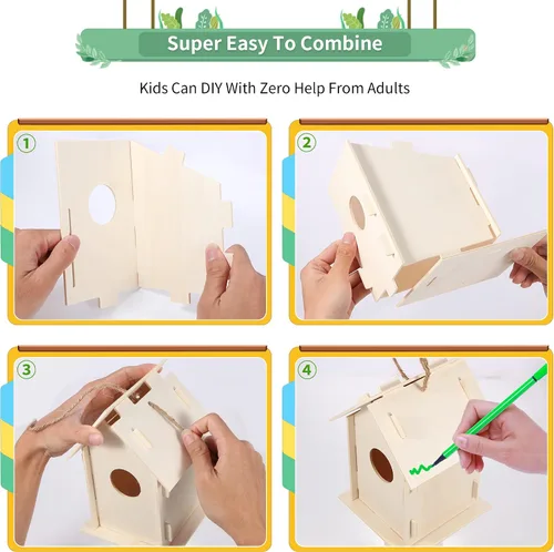 Miniatura 5 de ILHSTY Paquete de 18 casas de pájaros de madera grandes pintables para niños, manualidades para niños, casas de madera para manualidades, fiestas