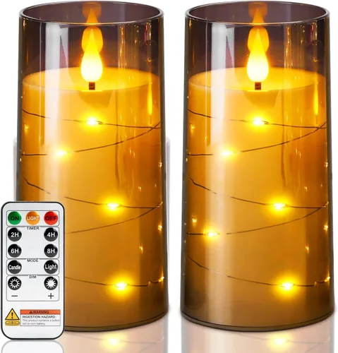 Homemory Velas sin llama con luces de hadas de cadena de estrellas incrustadas, velas que funcionan con pilas, velas LED, velas falsas con control
