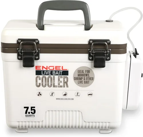 Miniatura 3 de Engel Caja enfriadora de cebo vivo con bomba aireadora de 2ª generación de 2 velocidades, estación de pesca portátil y cubo de pececillos para Blanco
