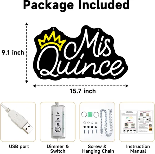 Miniatura 4 de Letrero de neón con texto en inglés "Mis Quince" para decoración de pared, dormitorio, estética, fiesta de cumpleaños, novio, novia, amante