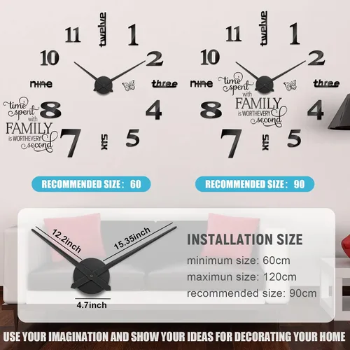 Miniatura 5 de Junkin - Reloj de pared 3D grande sin marco, moderno, para bricolaje, con citas familiares, adhesivo decorativo, kit de reloj para decoración