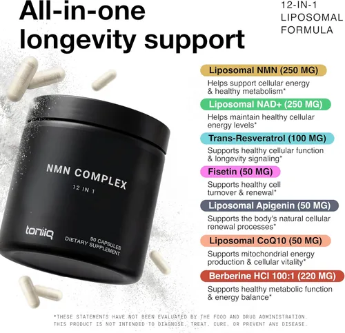 Miniatura 3 de Toniiq Suplemento NMNH – Complejo de 1,000 mg de potencia ultra alta con Uthpeak™ NMNH clínicamente estudiado, resveratrol, quercetina y TMG