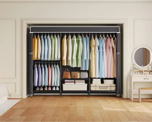 Miniatura 3 de Higeego H8 Perchero con Cubierta, Armario Portátil para Colgar Ropa, Perchero de Ropa Resistente Organizador y Almacenamiento de Armario, Estante